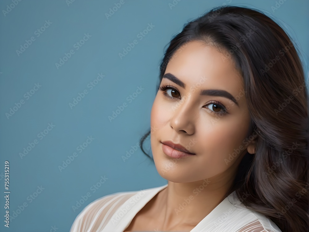 Portrait of beautiful brunette woman with long hair isolated on blue background Portrait of beautiful brunette woman with long hair isolated on blue background