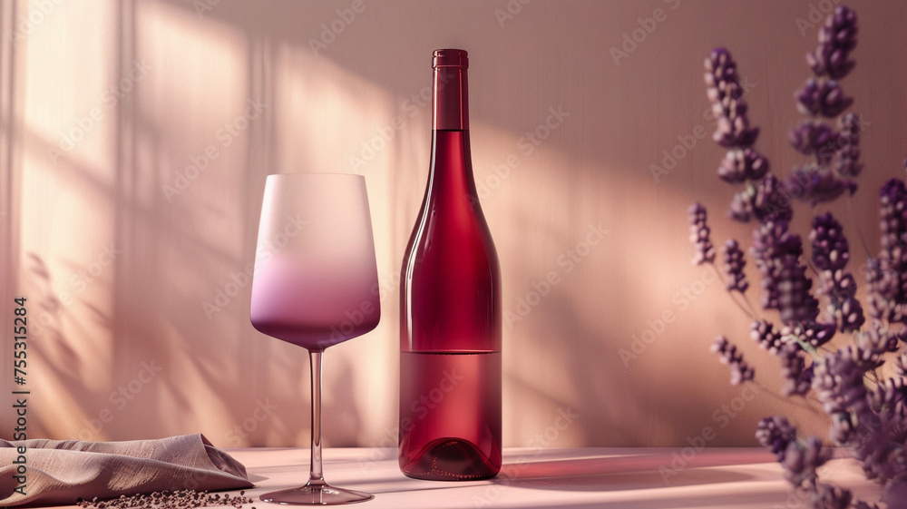 Envision a wine bottle in a passionate vermilion red paired with a frosted lilac glass, promising a dreamy experience.