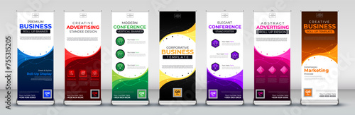 modern wave roll up banner collection for events, annual meetings, presentations, marketing, promotions and brochure, covers in blue, red, green, yellow, purple, pink and orange