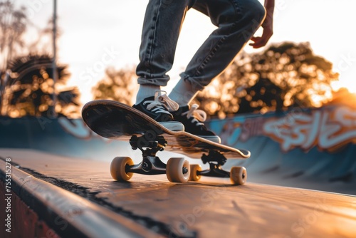Close up of feet on skateboard, Kid having fun skateboard, Healthy summer sport and outdoor activity photo