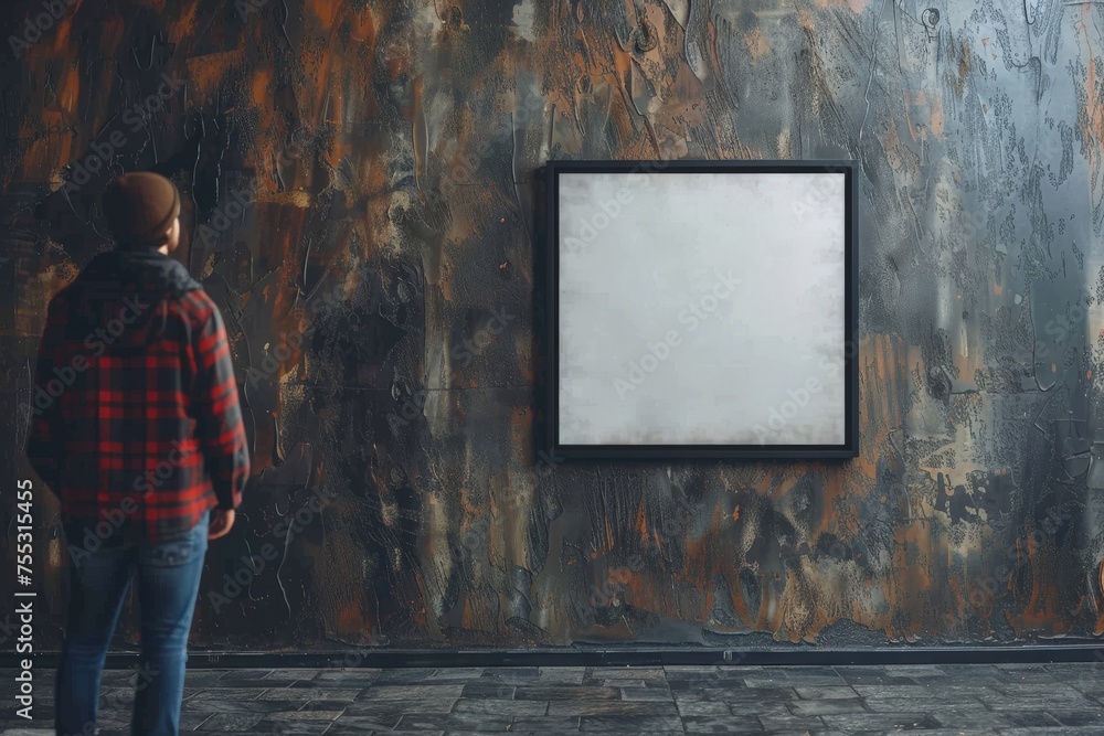 Empty white horizontal frame mockup in living room wall with person standing at side Empty white horizontal frame mockup in living room wall with person standing at side