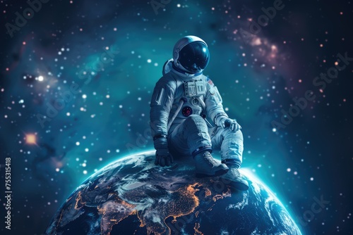 Spaceman in spacesuit sits on planet Earth globe. Astronaut in space. AI Generated 
