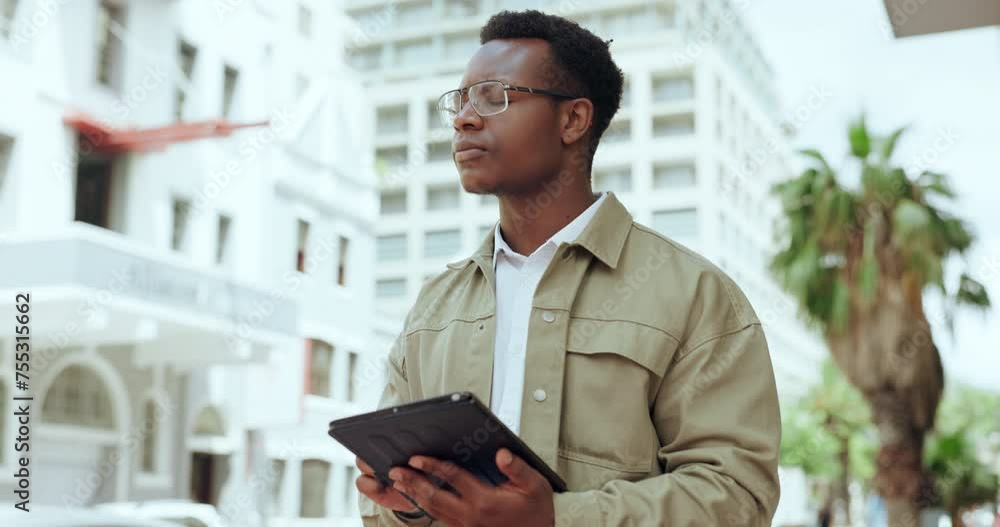Business, city and black man with tablet, typing and internet with connection, idea and social media. African person, freelancer or entrepreneur with technology and New York with network and thinking Business, city and black man with tablet, typing and internet with connection, idea and social media. African person, freelancer or entrepreneur with technology and New York with network and thinking