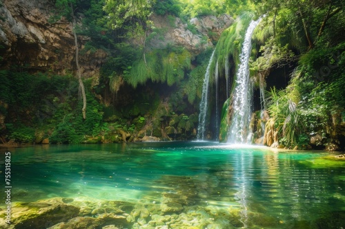A beautiful waterfall cascading into a crystal clear pool. Surrounded by lush green leaves