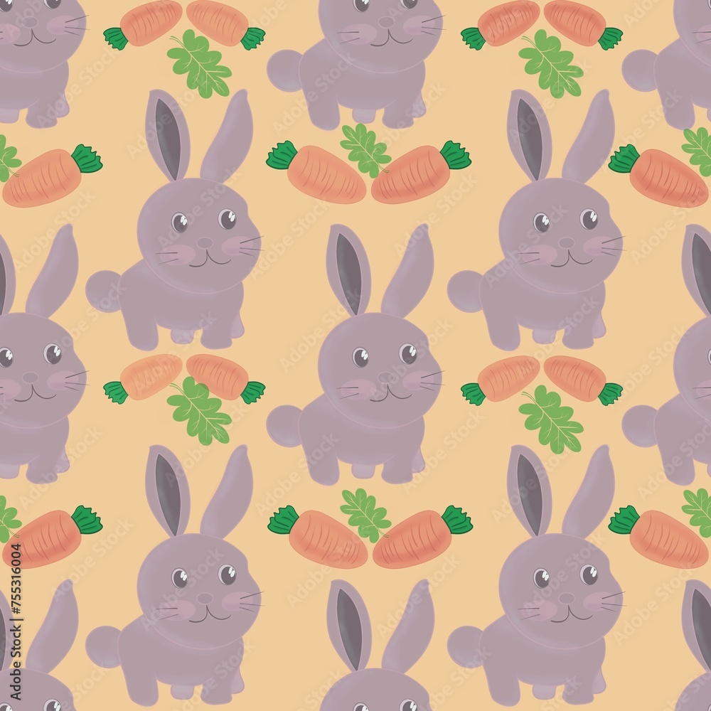 Easter bunny with carrot on orange background.Concept for naive pattern,baby fabric print ,textile print ,poster design,greeting background or invitation card for party backdrop in holiday easter day Easter bunny with carrot on orange background.Concept for naive pattern,baby fabric print ,textile print ,poster design,greeting background or invitation card for party backdrop in holiday easter day