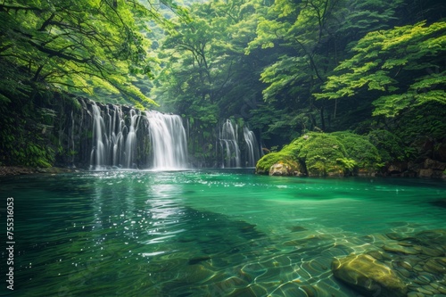 A beautiful waterfall cascading into a crystal clear pool. Surrounded by lush green leaves