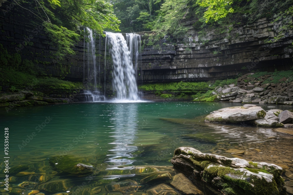 Fototapeta premium A beautiful waterfall cascading into a crystal clear pool. Surrounded by lush green leaves