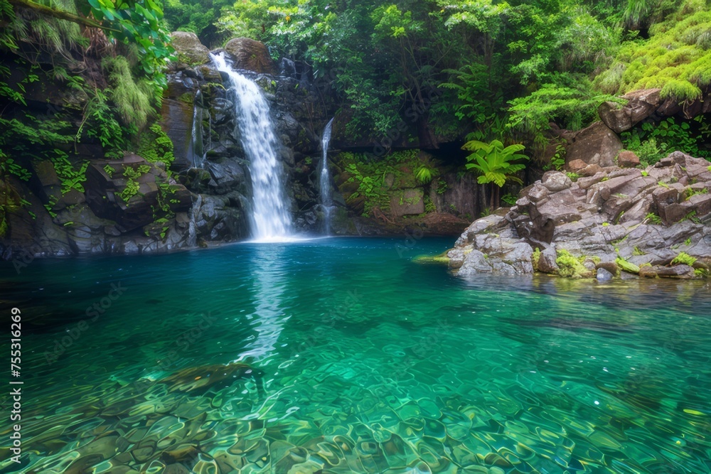 Naklejka premium A beautiful waterfall cascading into a crystal clear pool. Surrounded by lush green leaves