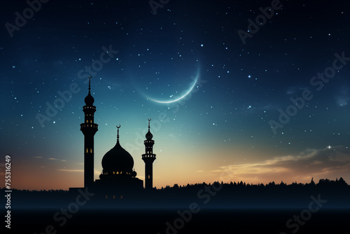 a mosque silhouette against a Ramadan night sky, with a crescent moon and stars. Ramdan Kareem & Eid Mubark. 