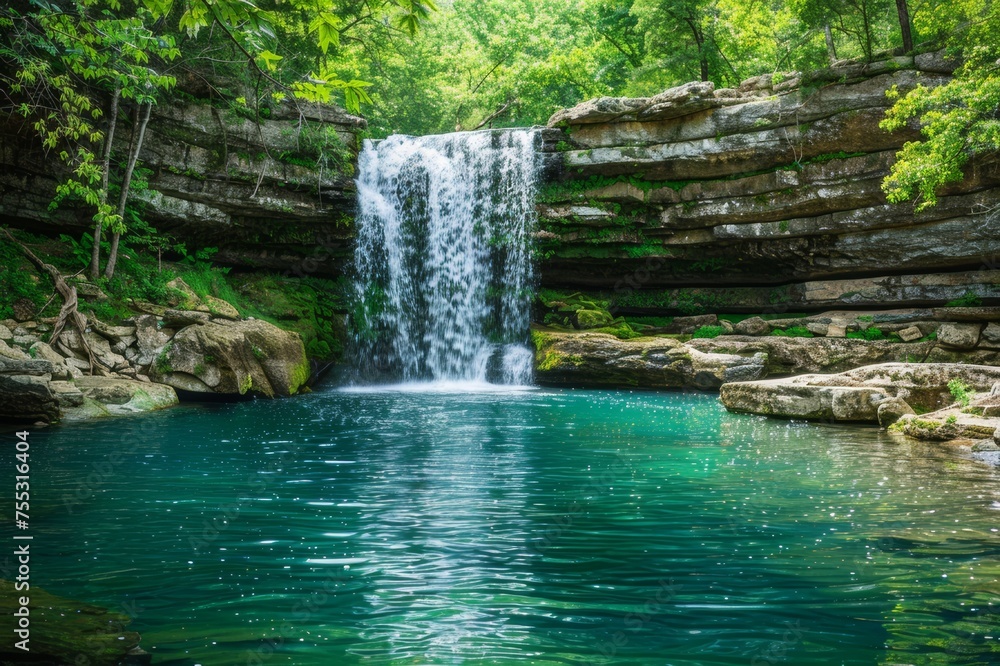 Fototapeta premium A beautiful waterfall cascading into a crystal clear pool. Surrounded by lush green leaves