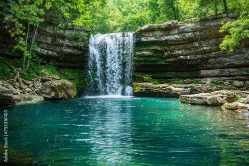 A beautiful waterfall cascading into a crystal clear pool. Surrounded by lush green leaves