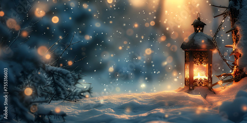 beautiful winter Christmas background with lantern , Christmas candle Lantern in winter garden