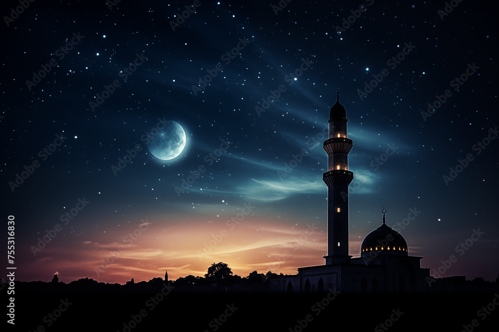 a mosque silhouette against a Ramadan night sky, with a crescent moon and stars. Ramdan Kareem & Eid Mubark.  - obrazy, fototapety, plakaty 