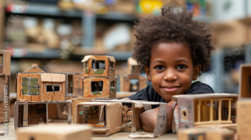 A child makes little houses out of cardboard