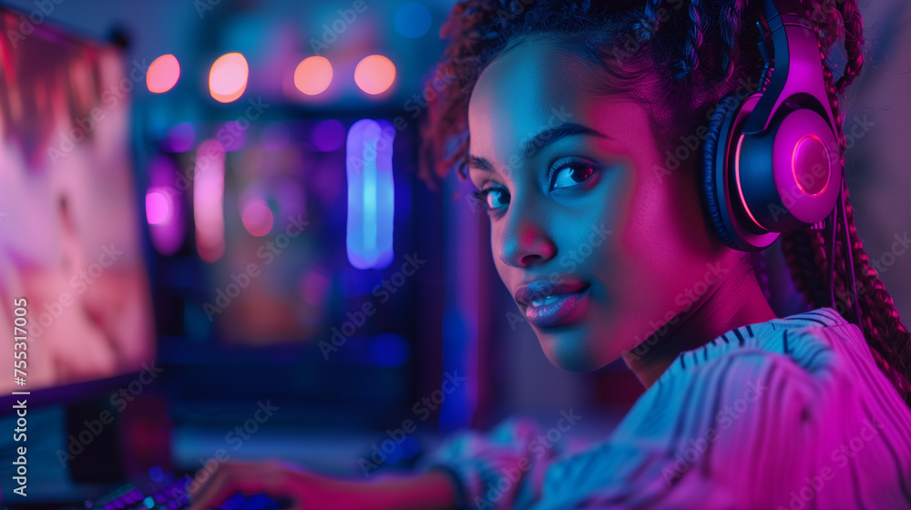 Afro-American woman gaming streamer in the gaming room Afro-American woman gaming streamer in the gaming room
