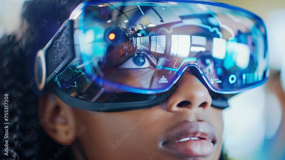 A closeup of a virtual reality headset with a students face reflected in the screen highlighting the immersive and engaging experience that technology can provide in education. A closeup of a virtual reality headset with a students face reflected in the screen highlighting the immersive and engaging experience that technology can provide in education.