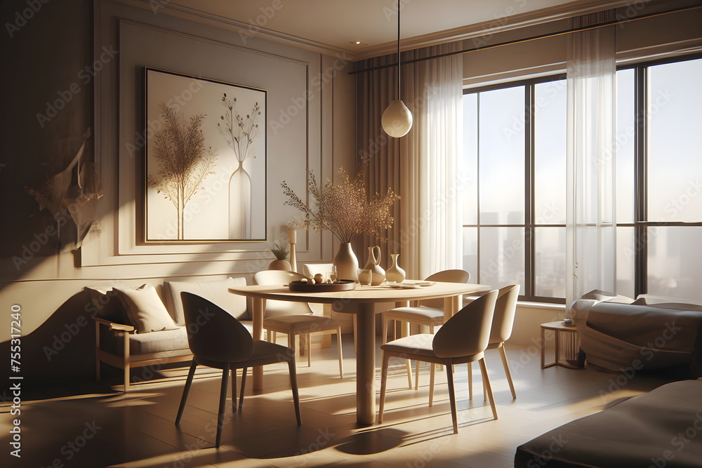 a dining room with a table and chairs and a vase a dining room with a table and chairs and a vase