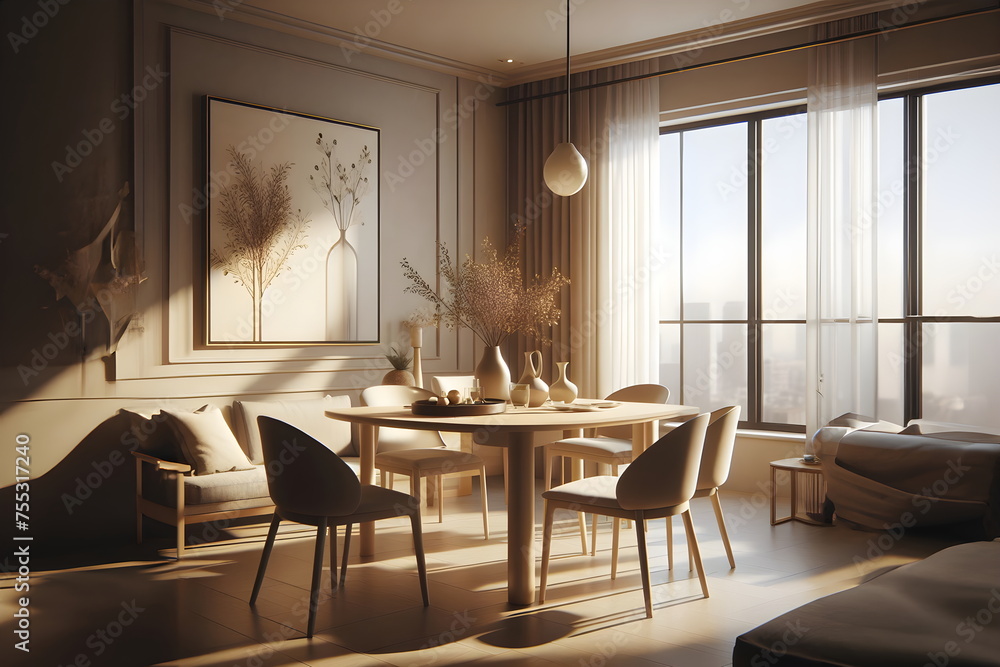 a dining room with a table and chairs and a vase