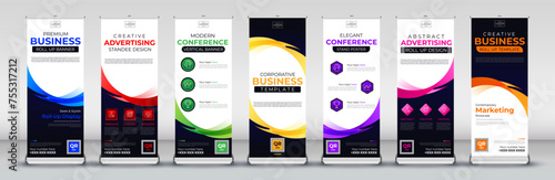 Business modern roll up banner collection for events, annual meetings, presentations, marketing, promotions in blue, red, green, yellow, purple, pink and orange