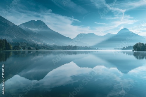 The tranquil lake reflects the surrounding mountains.