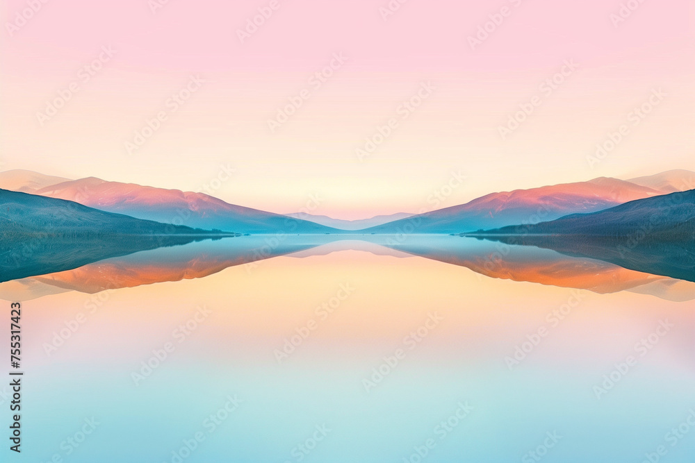 Pastel Serenity: Perfect Reflection of Tranquil Mountains in Calm Lake at Sunrise