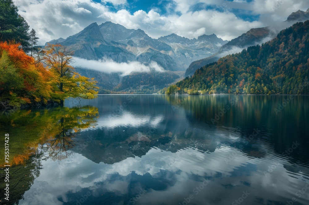 The tranquil lake reflects the surrounding mountains.