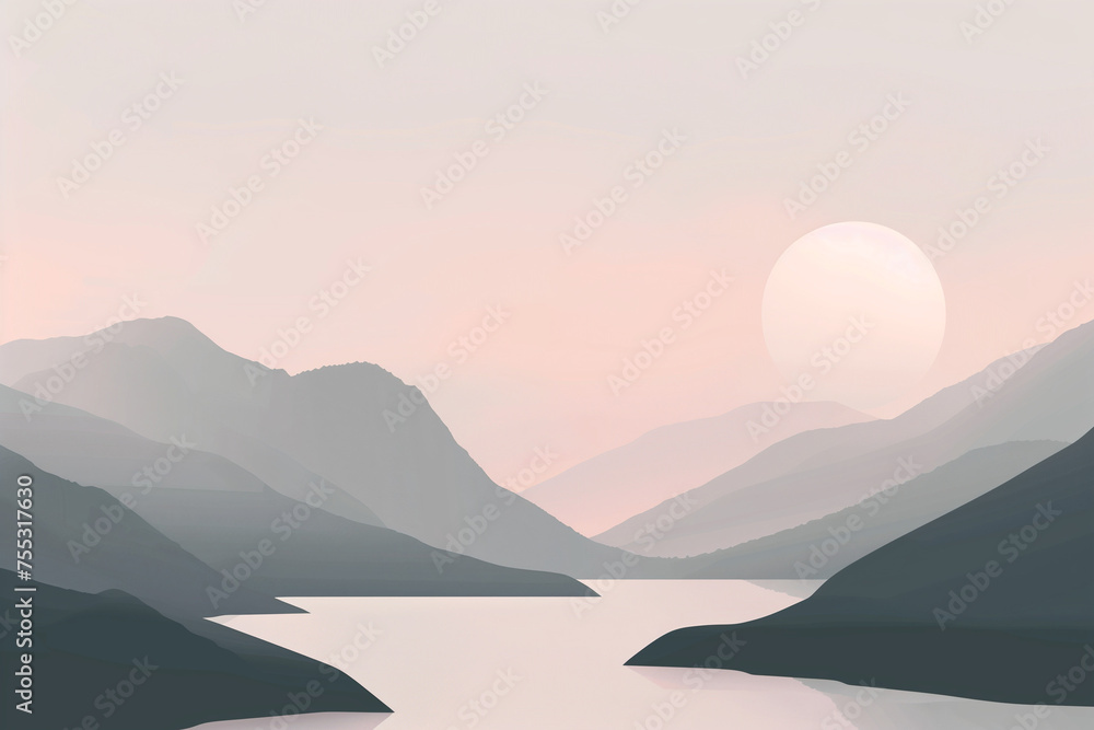 Serene Solitude: A Calm Lake Nestled Among Softly Silhouetted Mountains at Dusk