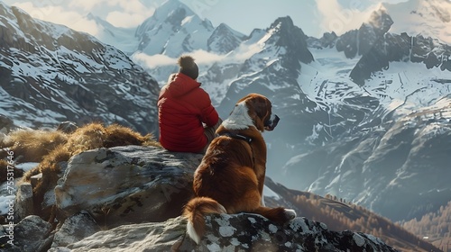 Seasoned Hiker in Red Jacket and Saint Bernard Overlooking Snowy Mountain Peaks © Rudsaphon