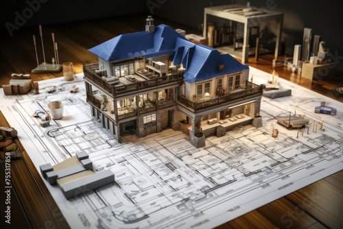 Model House Placed on Blueprint Generative AI