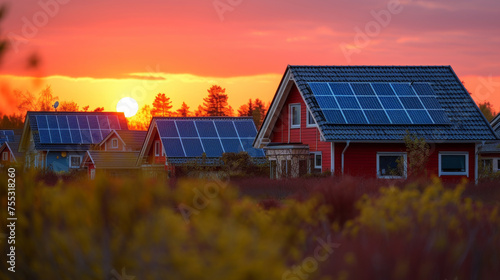 Single-family houses with photovoltaic systems on the roofs at sunset