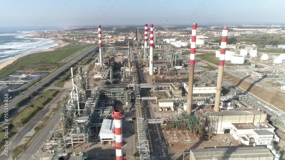 Aerial Birds Eye Drone View of a Large Chemical Products Refinery in Matosinhos, Portugal Aerial Birds Eye Drone View of a Large Chemical Products Refinery in Matosinhos, Portugal