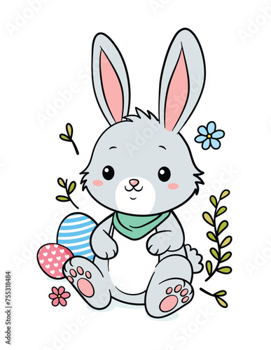 Cute Easter Bunny With Scarf And Eggs