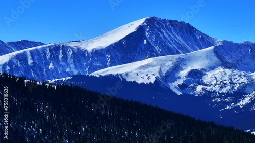 Winter Quandary Peak fourteener Ten Mile Range Breckenridge Colorado aerial drone Boreas Hoosier Pass Blue River Mt Lincoln clear blue sky morning Rocky Mountain landscape downward movement photo