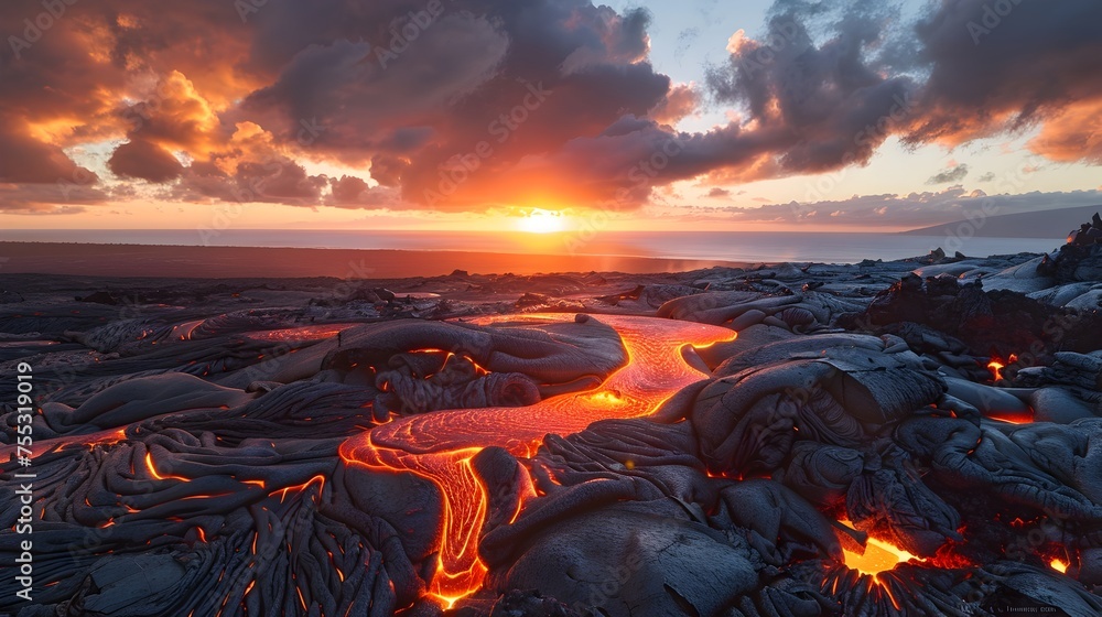 Lava Flows at Sunset in Hawaii Volcanoes National Park, Capturing the Transition from Day to Night in a Dramatic and Breathtaking Display of Power - obrazy, fototapety, plakaty 