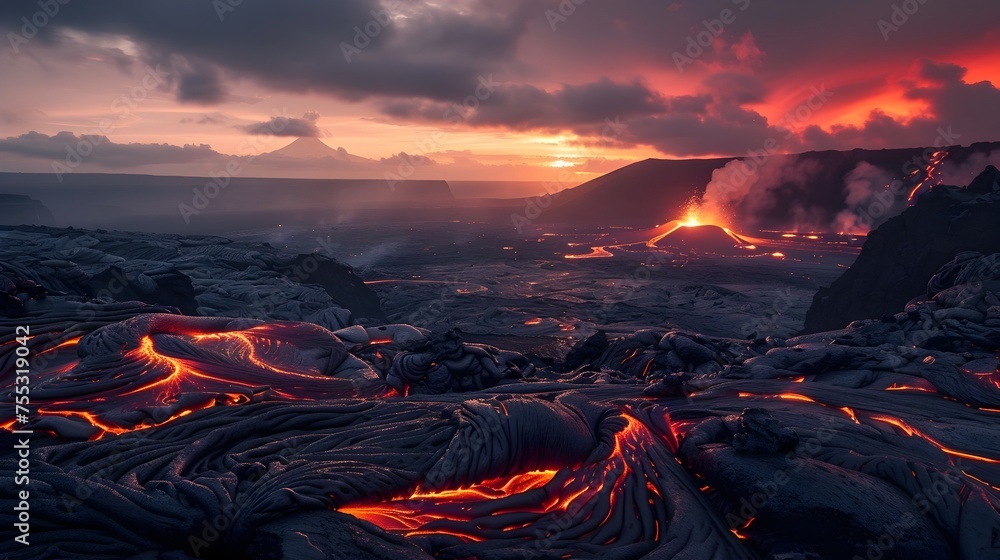Orange-Red Lava Flows over Charcoal-Gray Terrain at Dusk, Capturing the Transition from Day to Night in a Dramatic Landscape - obrazy, fototapety, plakaty 