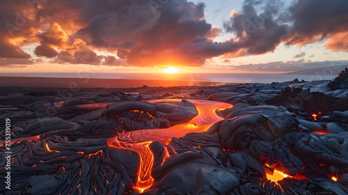 Lava Flows at Sunset in Hawaii Volcanoes National Park, Capturing the Transition from Day to Night in a Dramatic and Breathtaking Display of Power