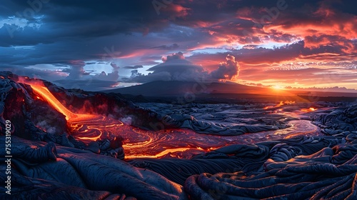 Hawaiian Volcano Sunset Panorama Lava Flows Illuminating Rugged Terrain amidst Dramatic Clouds