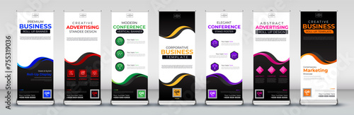 wave roll up banner collection for events, annual meetings, presentations, promotions and brochure, covers in blue, red, green, yellow, purple, pink and orange print ready colors 