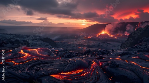 Orange-Red Lava Flows over Charcoal-Gray Terrain at Dusk, Capturing the Transition from Day to Night in a Dramatic Landscape