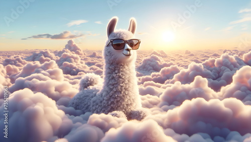 an llama wearing sunglasses in the clouds with a sky background photo