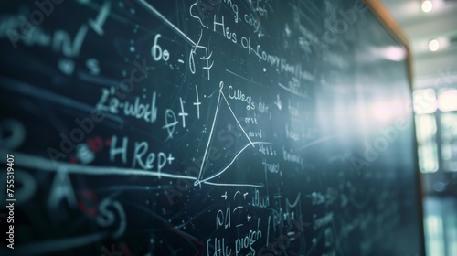A closeup of a blackboard covered in complex mathematical equations and formulas with faint chalk markings from previous lectures still visible. photo