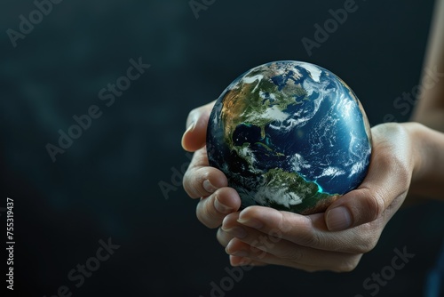 Female hands holding planet earth globe. Environmental ecology issues, save the world concept. AI Generated 