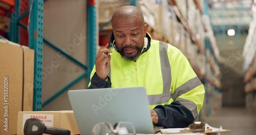 Man, phone call or laptop for logistics in warehouse, shipping or talking of order for distribution. Factory manager, smile or mobile for networking to import inventory or technology in manufacturing photo