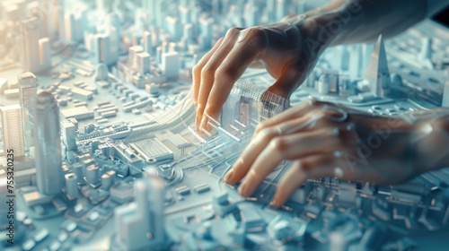 Architect's hands working on detailed map of futuristic city with advanced technology and urban planning. AI Generated  photo