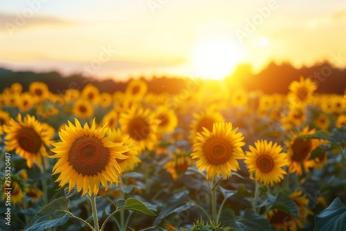 A field of sunflowers bathed in the warm light of the setting sun.