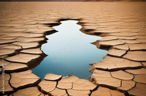 beautiful but threatened oasis against a backdrop of withered and cracked soil gives an impression of fragility and deplores the irreversible effects of climate change. photo