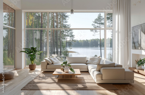 White modern living room with large windows and a view of a forest lake, beige sofa