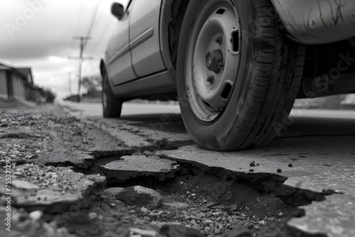 Close up of a car tyre next to a pothole in the road 