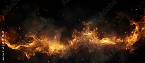 This image features intense orange and yellow flames flickering dramatically against a deep black background. The flames are vivid and dynamic, casting a warm glow in the darkness.