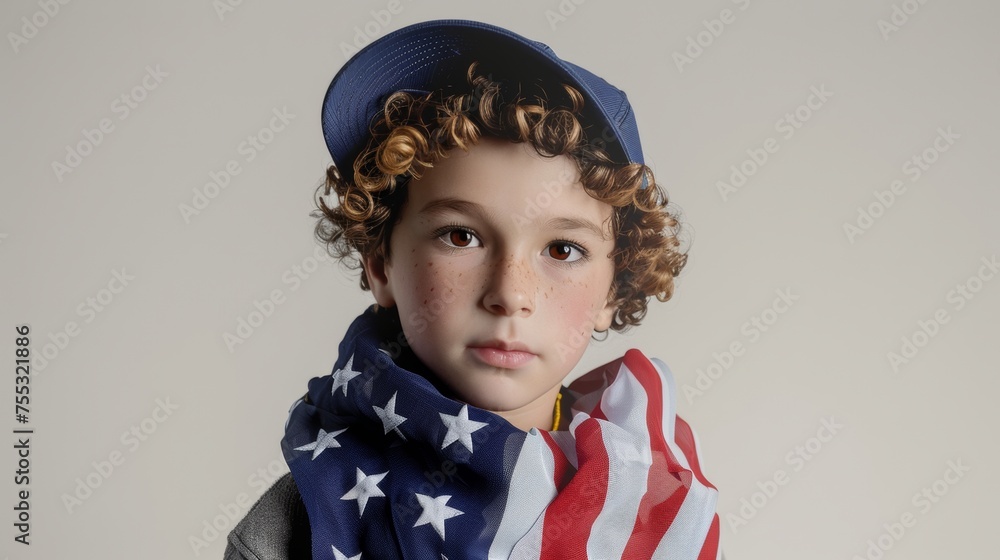 Curly-haired boy with American flag scarf, youthful patriotism. Curly-haired boy with American flag scarf, youthful patriotism.